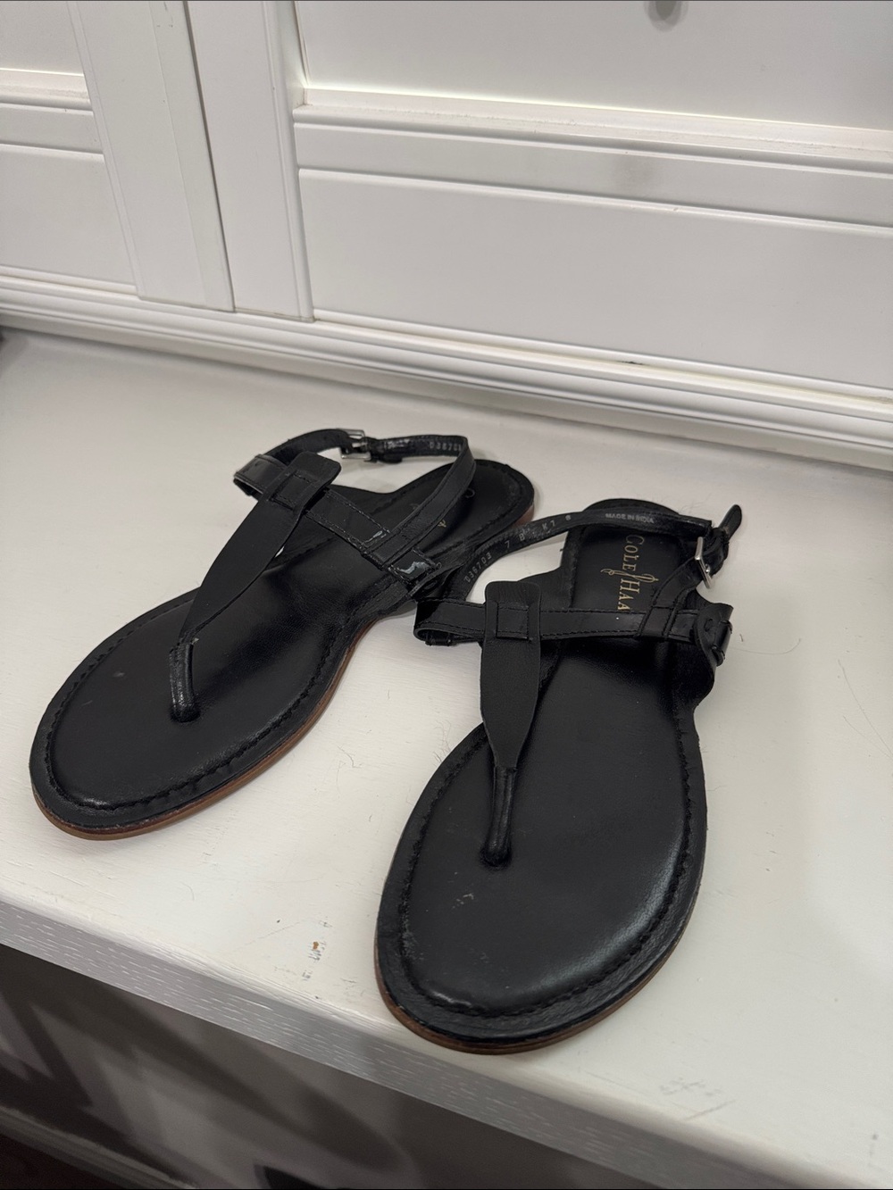 Cole Haan Black Leather T-Strap Sandals